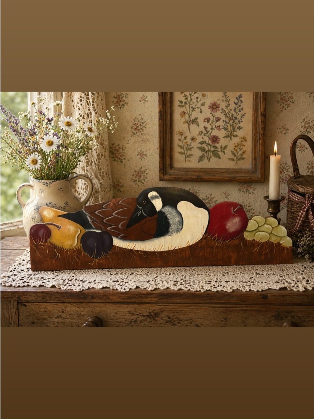 Vintage Style Hand-Painted Folk Art Sleeping Goose with Fruit